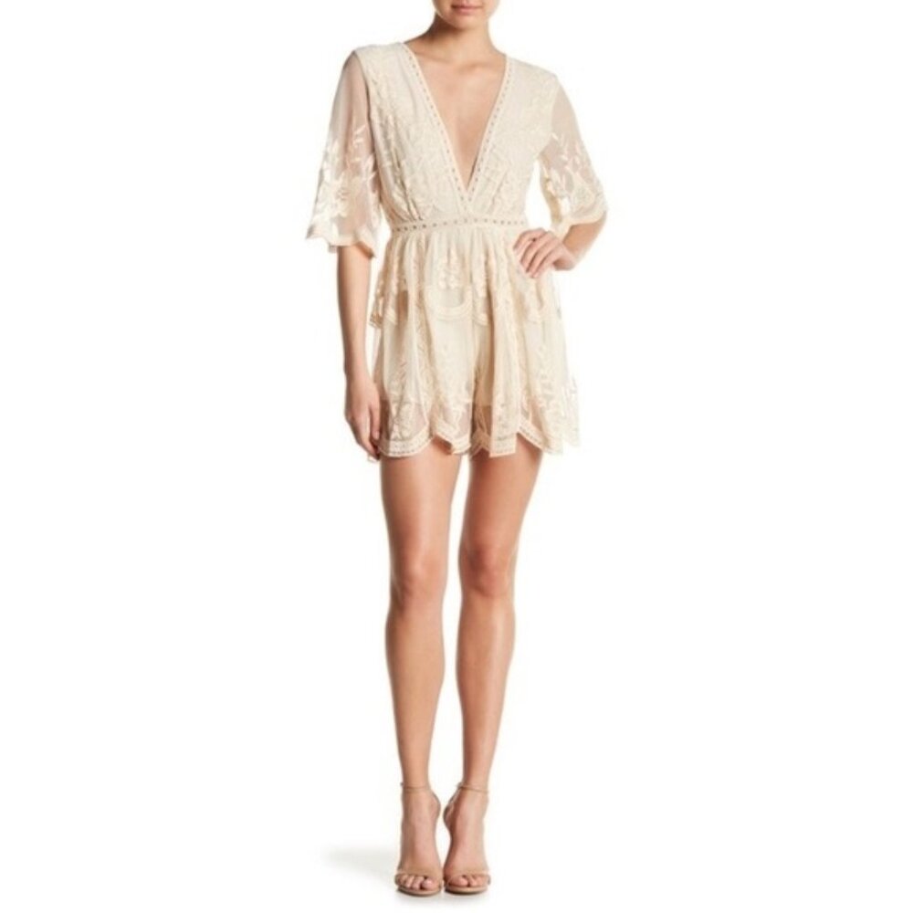 Wishlist Embroidered Lace Illusion Mesh Shorts Romper Sz Large Coquette Girl EUC